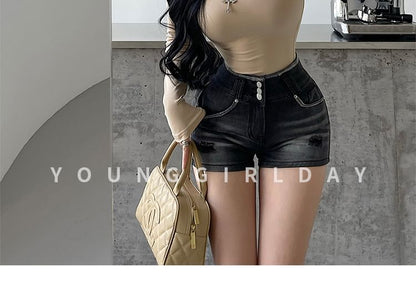 High waist Washed Distressed Denim Shorts