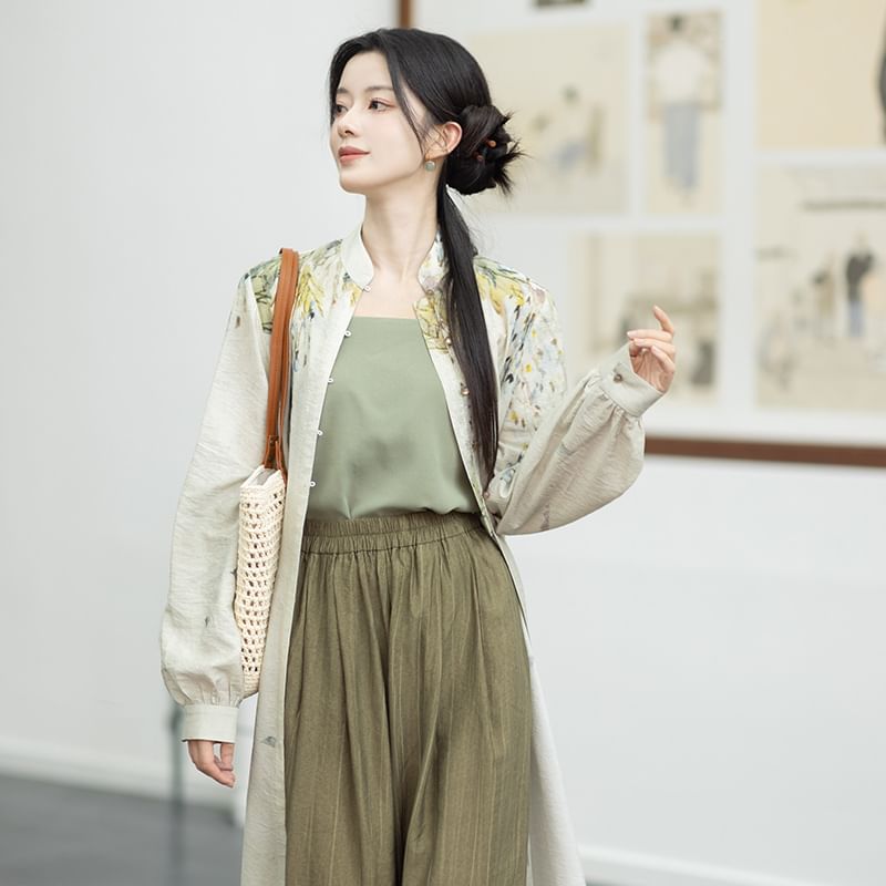 Hanfu Floral Long Cardigan / Plain Camisole Top / Wide Leg Pants / Set