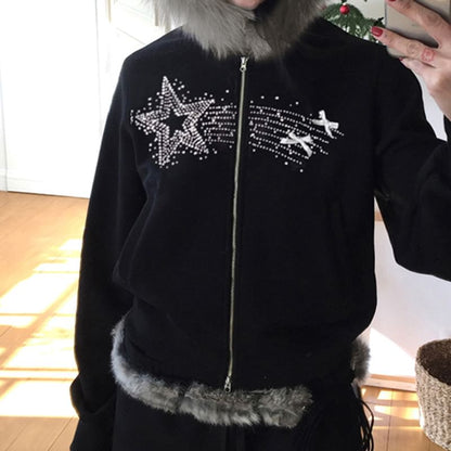 Long Sleeve Star Rhinestone Furry-Trim Hooded Zip-Up Jacket
