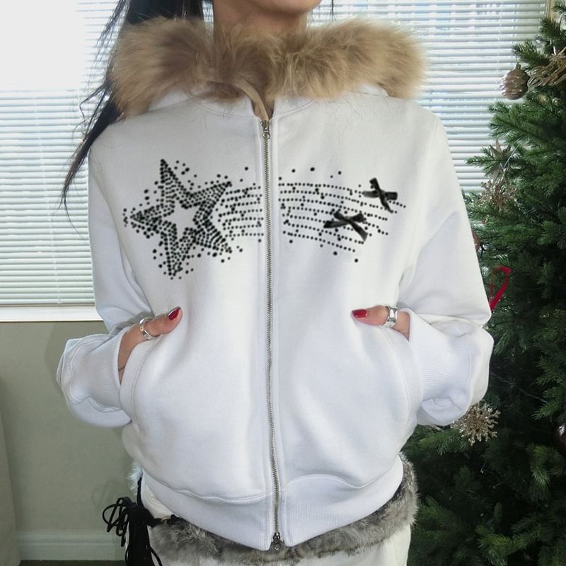 Long Sleeve Star Rhinestone Furry-Trim Hooded Zip-Up Jacket