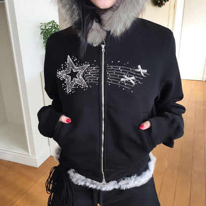 Long Sleeve Star Rhinestone Furry-Trim Hooded Zip-Up Jacket