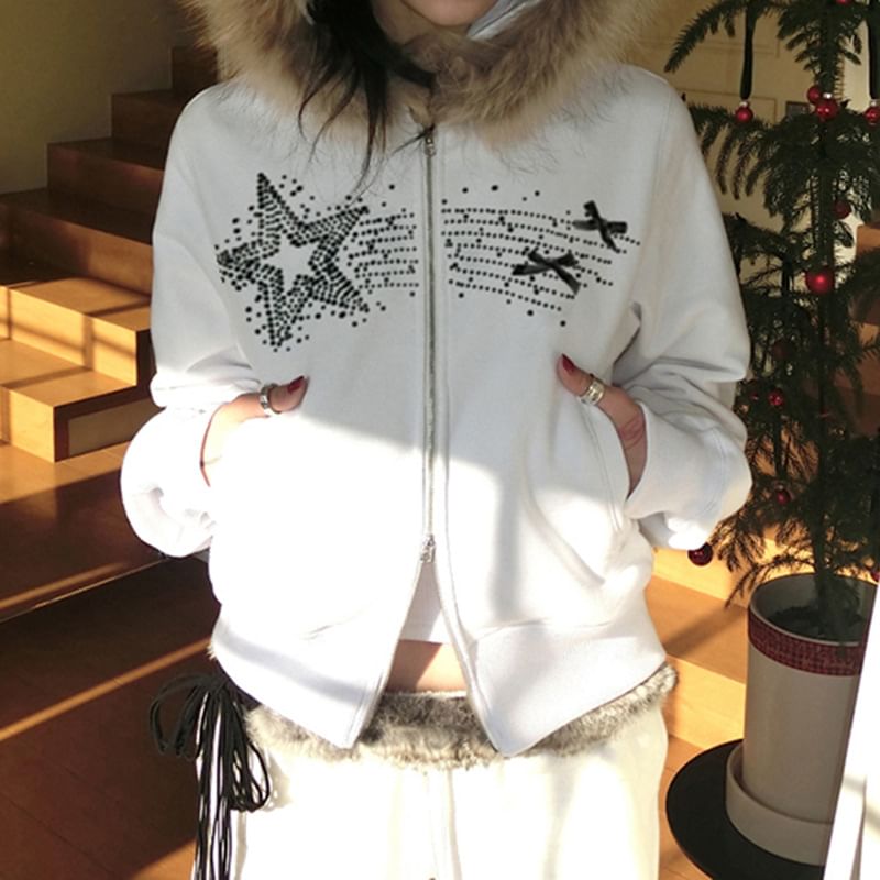 Long Sleeve Star Rhinestone Furry-Trim Hooded Zip-Up Jacket