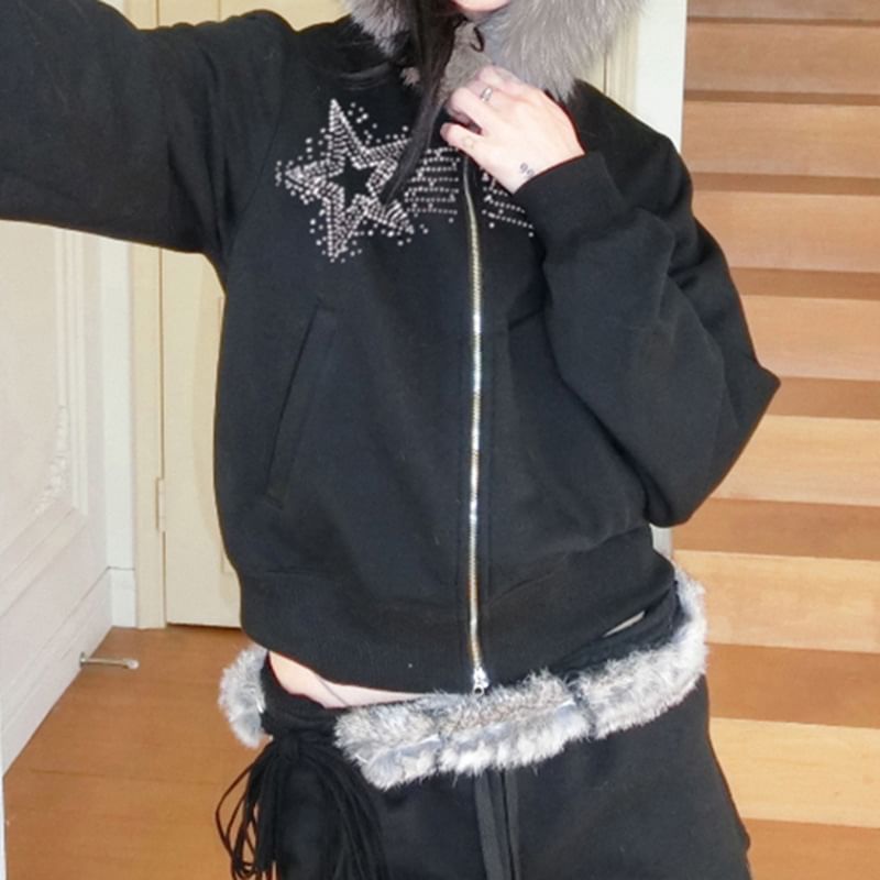 Long Sleeve Star Rhinestone Furry-Trim Hooded Zip-Up Jacket