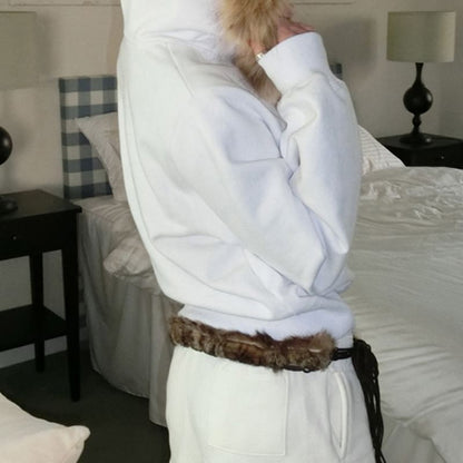 Long Sleeve Star Rhinestone Furry-Trim Hooded Zip-Up Jacket