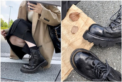 Leather Genuine Platform Short Boots Lace-Up Plain