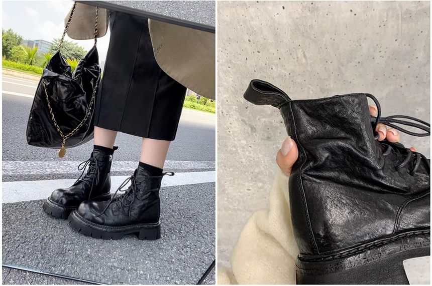 Leather Genuine Platform Short Boots Lace-Up Plain