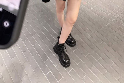 Leather Genuine Platform Short Boots Lace-Up Plain