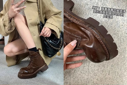 Leather Genuine Platform Short Boots Lace-Up Plain