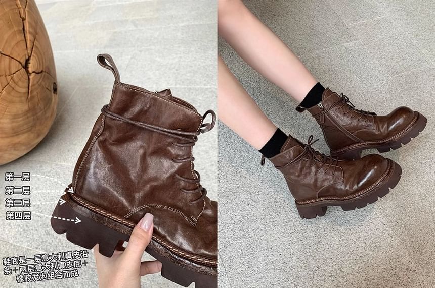 Leather Genuine Platform Short Boots Lace-Up Plain