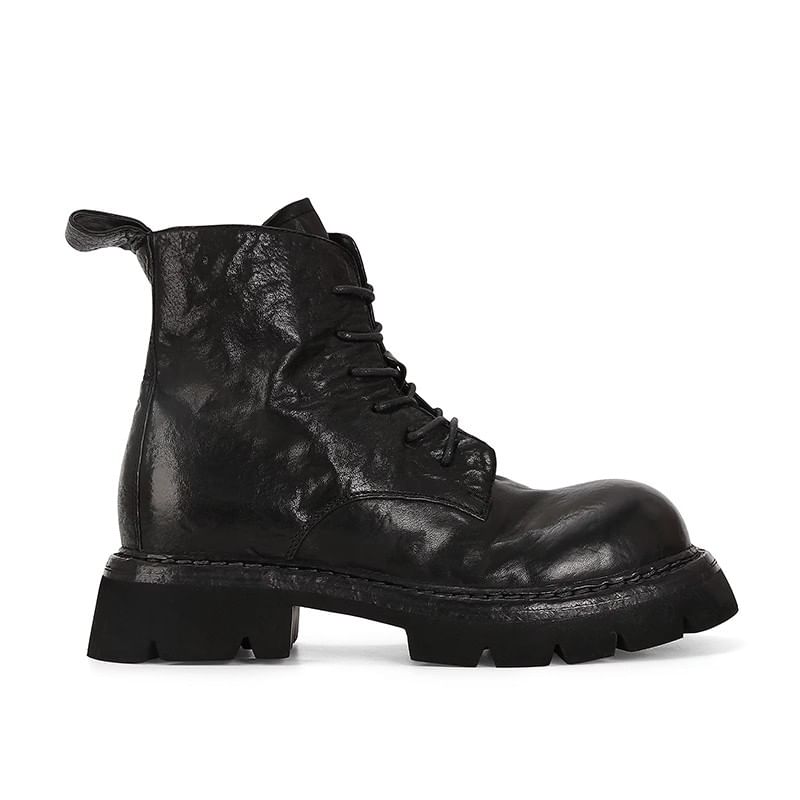 Leather Genuine Platform Short Boots Lace-Up Plain