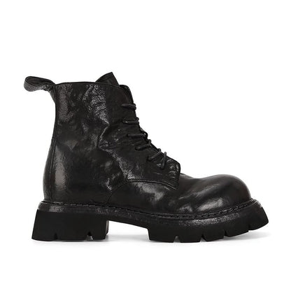 Leather Genuine Platform Short Boots Lace-Up Plain