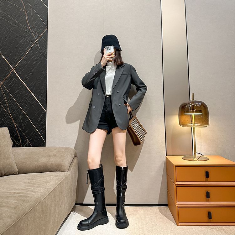 Leather Platform Zip-Up Tall Faux Boots Buckled Plain