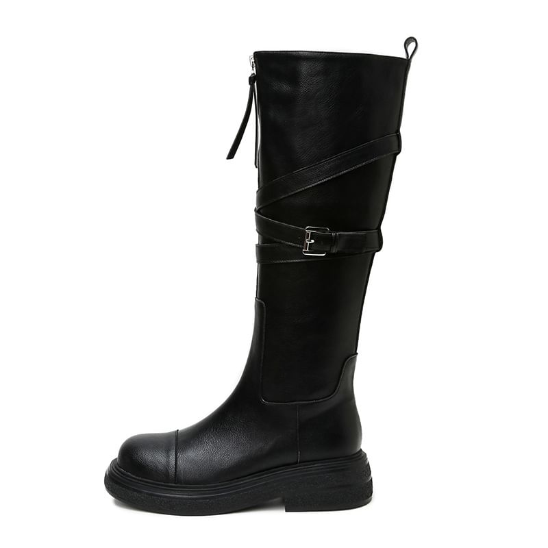 Leather Platform Zip-Up Tall Faux Boots Buckled Plain