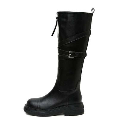 Leather Platform Zip-Up Tall Faux Boots Buckled Plain
