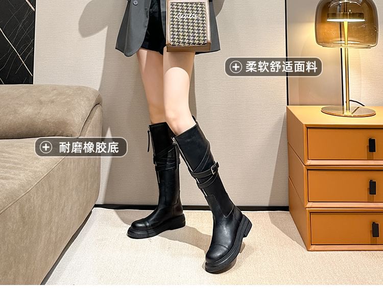 Leather Platform Zip-Up Tall Faux Boots Buckled Plain