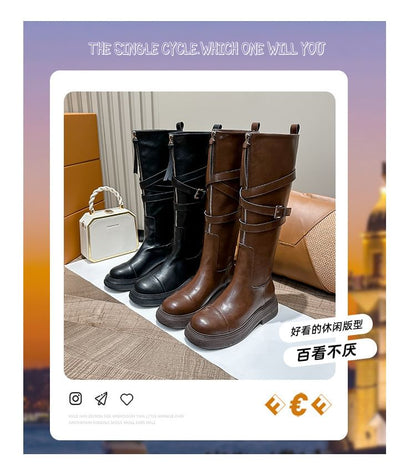 Leather Platform Zip-Up Tall Faux Boots Buckled Plain