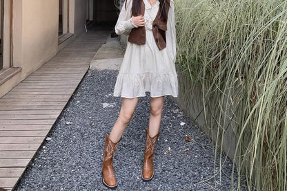 Cowboy Faux Embroidered Leather Chunky Boots Heel Mid-Calf