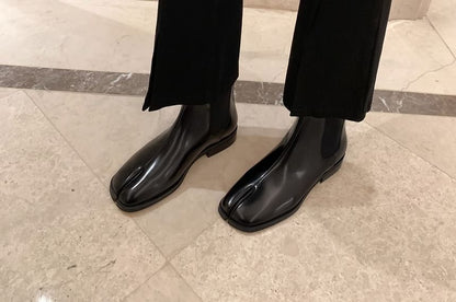 Chunky Heel Split Toe Plain Genuine Leather Short Chelsea Boots