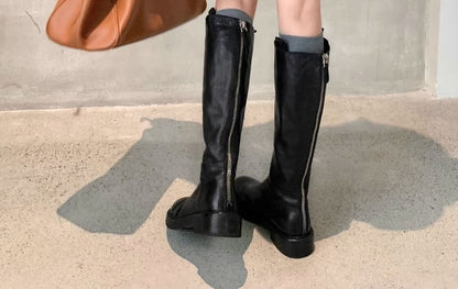 Tall Platform Plain Zip-Up Genuine Boots Leather