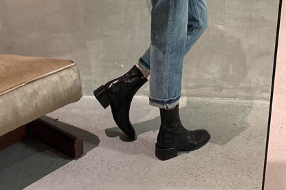 Chunky Heel Plain Zip-Up Genuine Leather Short Boots