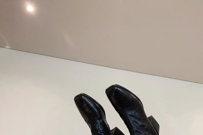 Chunky Heel Plain Zip-Up Genuine Leather Short Boots