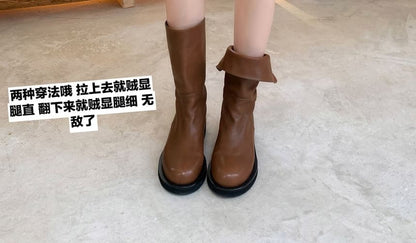 Platform Plain Genuine Boots Mid-Calf Leather