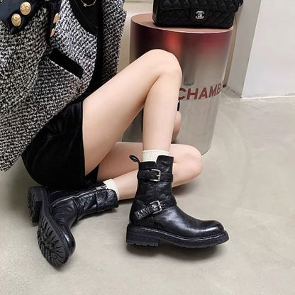 Genuine Leather Plain Platform Boots Short Buckled