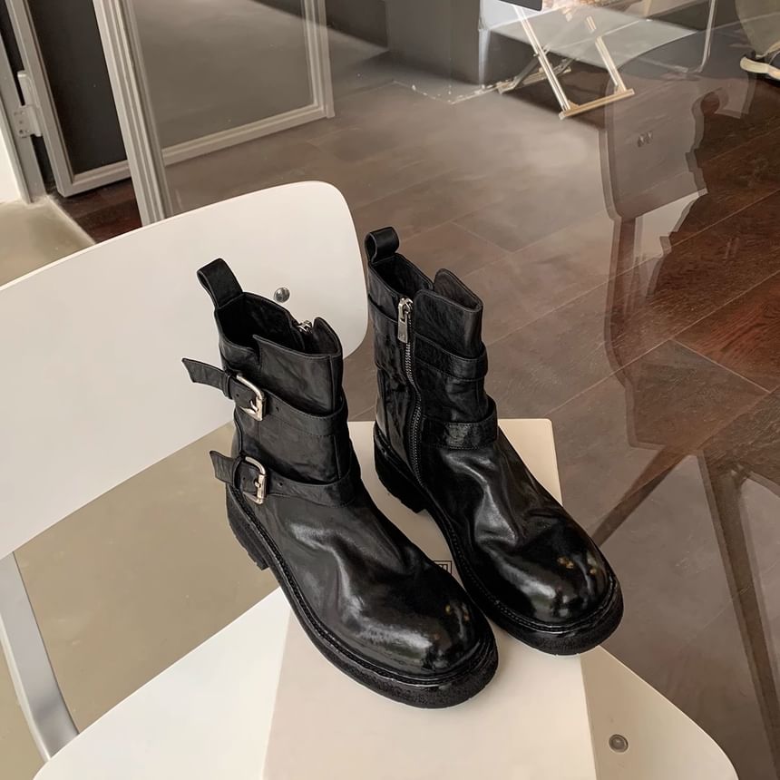 Genuine Leather Plain Platform Boots Short Buckled