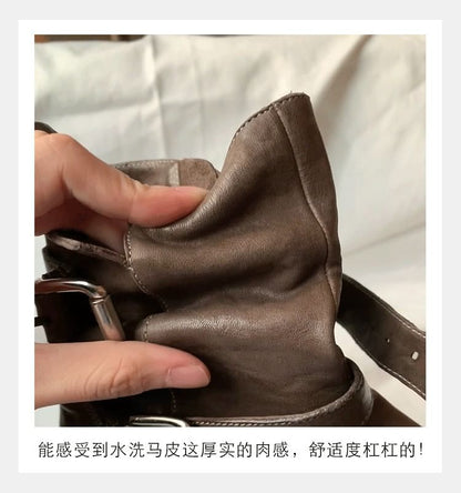 Genuine Leather Plain Platform Boots Short Buckled