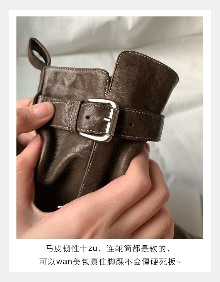 Genuine Leather Plain Platform Boots Short Buckled