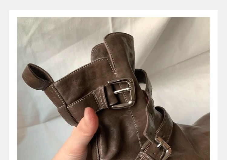 Genuine Leather Plain Platform Boots Short Buckled