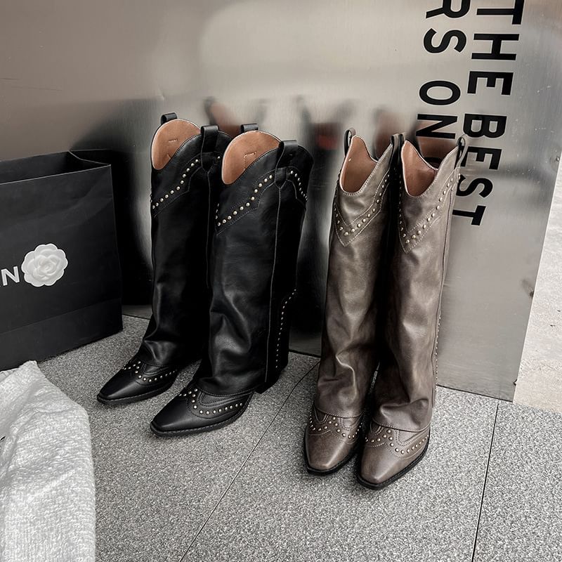 Chunky Heel Plain Studded Genuine Leather Tall Cowboy Boots