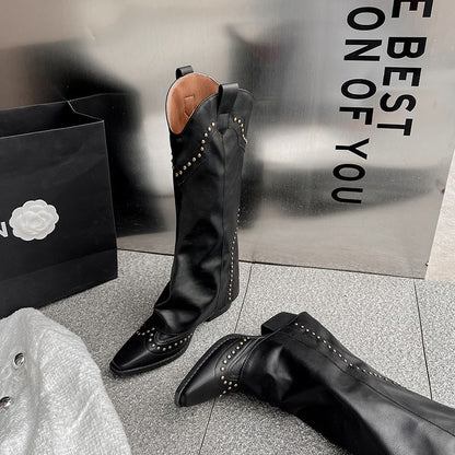 Chunky Heel Plain Studded Genuine Leather Tall Cowboy Boots
