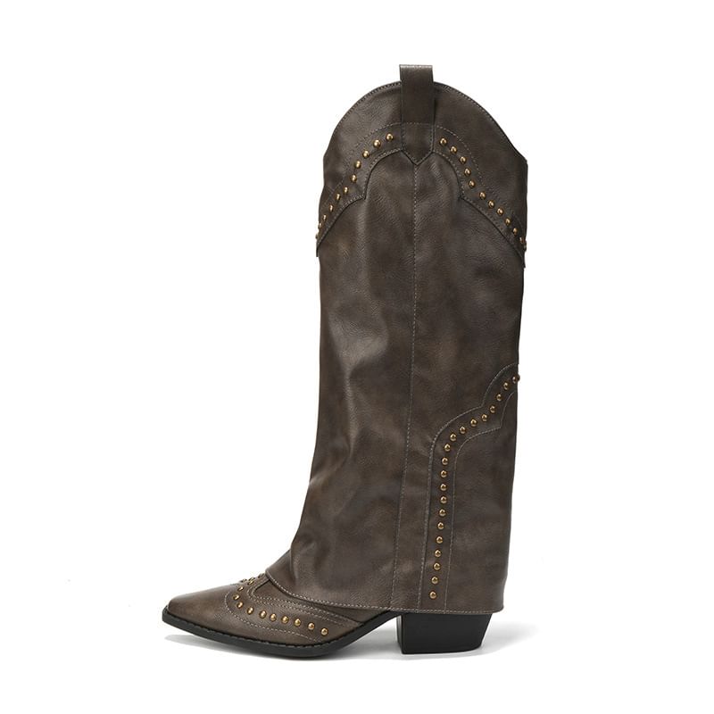 Chunky Heel Plain Studded Genuine Leather Tall Cowboy Boots