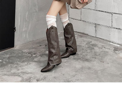 Chunky Heel Plain Studded Genuine Leather Tall Cowboy Boots