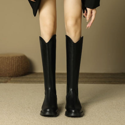 Plain Tall Leather Zip-Up Faux Boots Platform