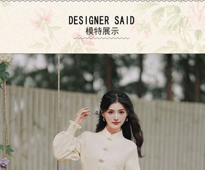 Long-Sleeve Mandarin Collar Blouse / High Rise Sashed Midi A-Line Skirt / Set