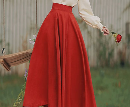 Long-Sleeve Mandarin Collar Blouse / High Rise Sashed Midi A-Line Skirt / Set