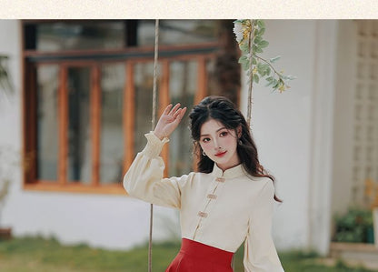 Long-Sleeve Mandarin Collar Blouse / High Rise Sashed Midi A-Line Skirt / Set