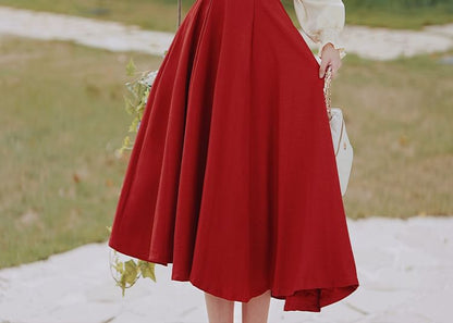 Long-Sleeve Mandarin Collar Blouse / High Rise Sashed Midi A-Line Skirt / Set