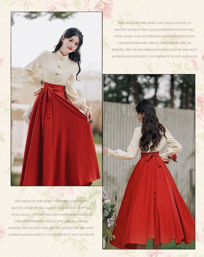 Long-Sleeve Mandarin Collar Blouse / High Rise Sashed Midi A-Line Skirt / Set