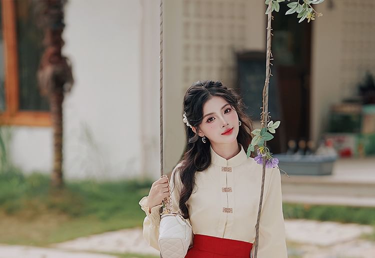 Long-Sleeve Mandarin Collar Blouse / High Rise Sashed Midi A-Line Skirt / Set