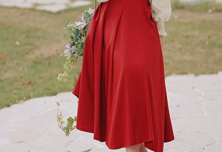 Long-Sleeve Mandarin Collar Blouse / High Rise Sashed Midi A-Line Skirt / Set