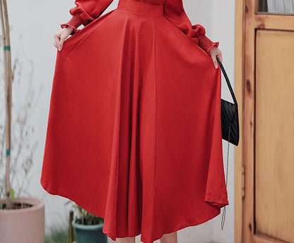 Long-Sleeve Mandarin Collar Blouse / High Waist Sashed Midi A-Line Skirt / Set
