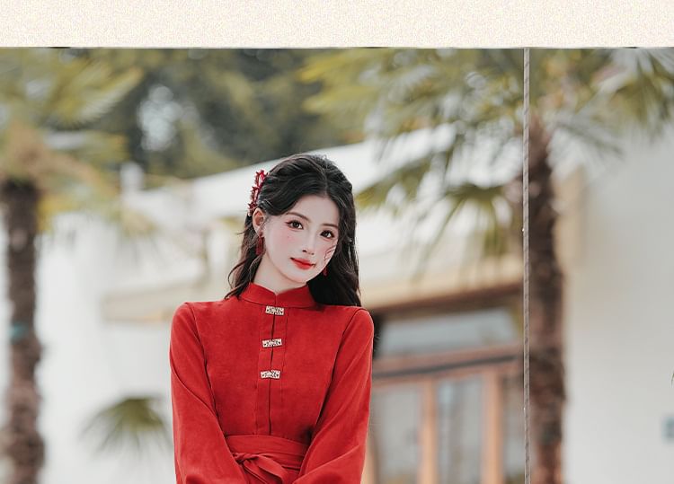 Long-Sleeve Mandarin Collar Blouse / High Waist Sashed Midi A-Line Skirt / Set
