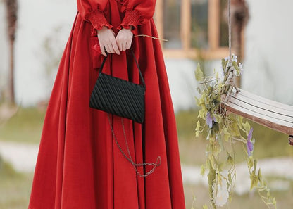 Long-Sleeve Mandarin Collar Blouse / High Waist Sashed Midi A-Line Skirt / Set