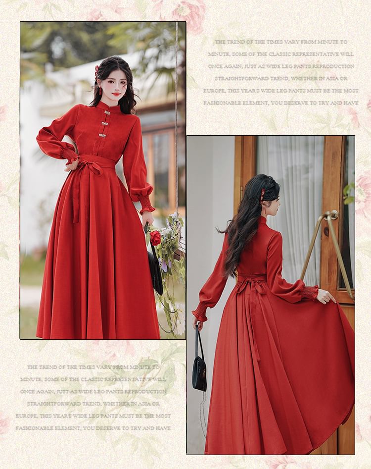 Long-Sleeve Mandarin Collar Blouse / High Waist Sashed Midi A-Line Skirt / Set