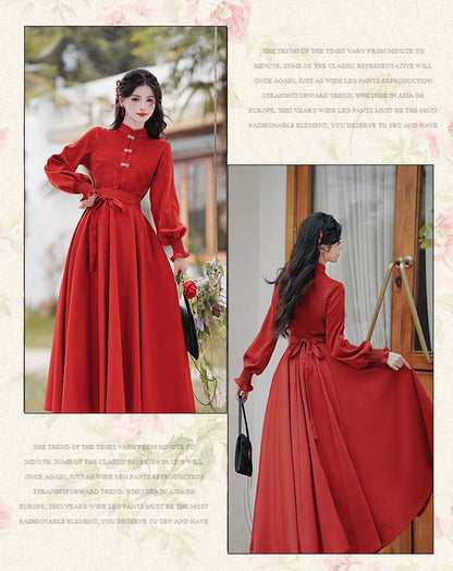 Long-Sleeve Mandarin Collar Blouse / High Waist Sashed Midi A-Line Skirt / Set
