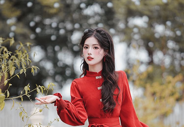 Long-Sleeve Mandarin Collar Blouse / High Waist Sashed Midi A-Line Skirt / Set