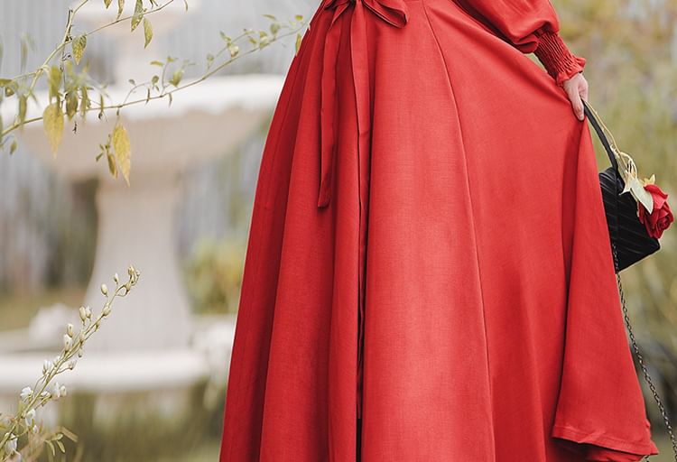 Long-Sleeve Mandarin Collar Blouse / High Waist Sashed Midi A-Line Skirt / Set